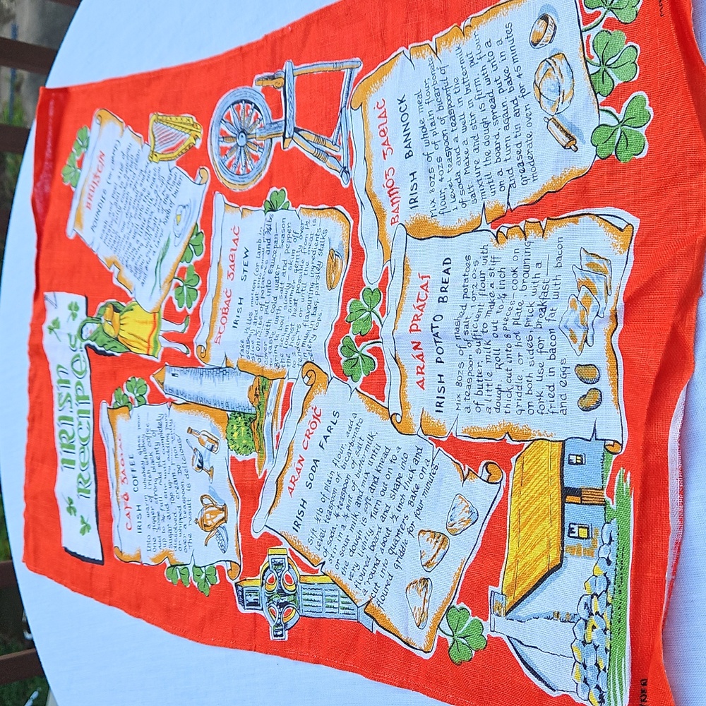 Vintage Irish Linen Tea Towel Recipe Kitchen Towel Made Ireland  Green 30 X 19.5
